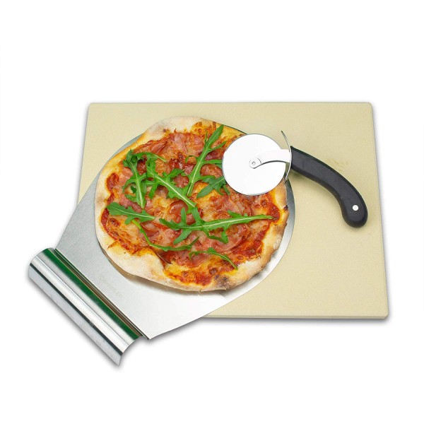 RADOLEO® Pizzastein L aus Cordierit | Premium Set 3-tlgl | 38x30cm | inkl. Pizzaroller u. Schieber
