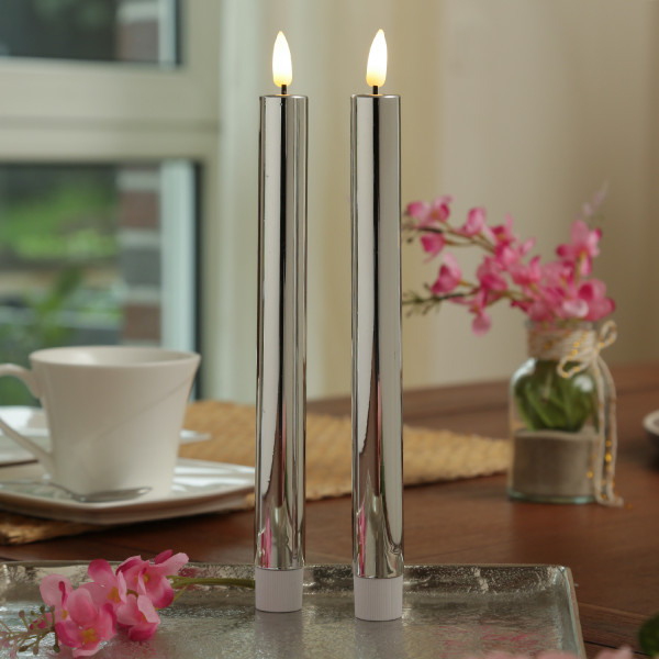 LED Stabkerzen - Tafelkerzen aus Kunststoff - H: 25cm - Timer - silber glänzend - 2er Set
