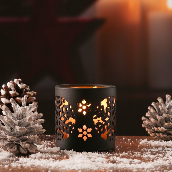 Teelichthalter SCHNEEFLOCKE - Windlicht - Porzellan - H: 7cm, D: 7cm - schwarz/gold