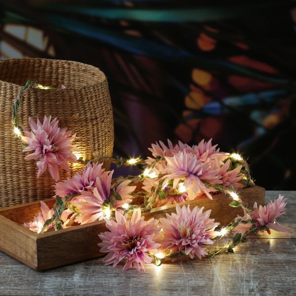 LED Lichterkette Dahlien - Blumengirlande - 30 warmweiße LED - Batterie - Timer - L: 2,9m - rosa