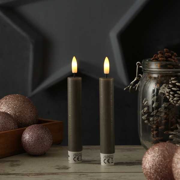 LED Stabkerzen LINA - Rustik-Optik - Echtwachs - 3D Flamme - H: 16cm - Timer - grau - 2er Set