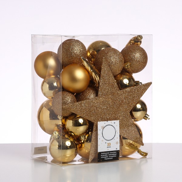 Christbaumkugeln - Weihnachtsbaumkugeln mit Stern Baumspitze - bruchfest - gold - 33er Set