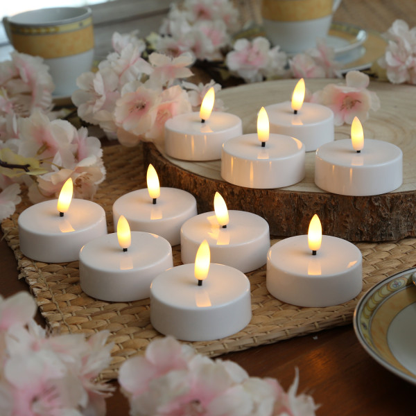 LED Maxi Teelichter - flackernde 3D Flamme - Kunststoff - Timer - D: 5,8cm - weiß - 10er Set