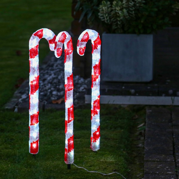 LED Zuckerstangen - je 30 kaltweiße LED - H: 61cm - Timer - inkl. Trafo - für Außen - 3 Stück