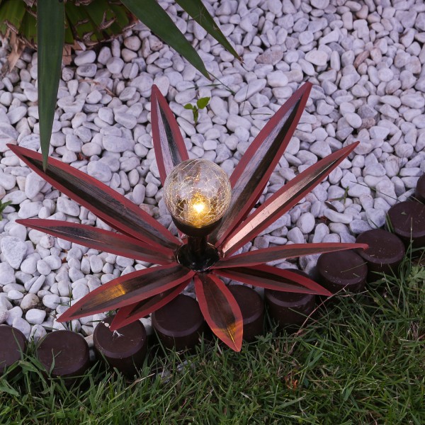LED Solar Gartenstecker Seerose - Blume mit Metallblättern - warmweiße LED - H: 39cm - rot