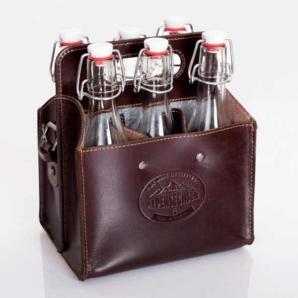 ALPENLEDER Alpensechser - Getränkehandtasche/Halter für 6 Flaschen - stabiles Sattlerleder