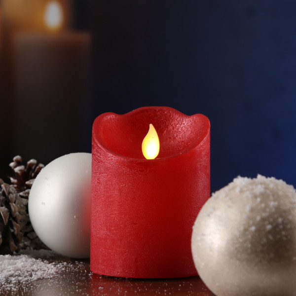 LED Kerze mit beweglicher Flamme - Rustik-Optik - Echtwachs - Timer - H: 10cm - D: 7,5cm - rot