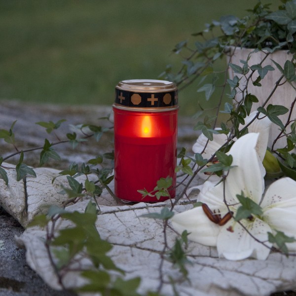 LED Grablicht - Grabkerze - gelbe LED - H: 12cm - Timer - für Außen - rot mit Deckel