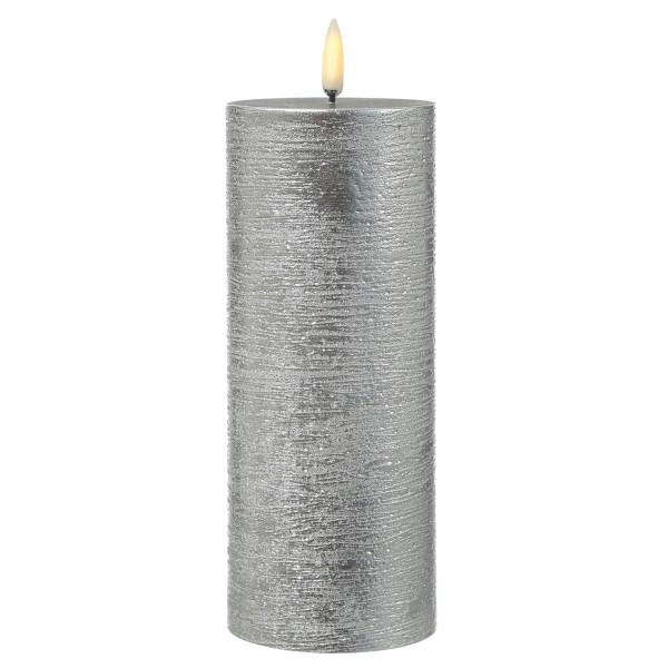 LED Kerze PIA - Rustik-Optik - Echtwachs - H: 20cm - D: 7,8cm - Timer - bis zu 1000 Std. - silber