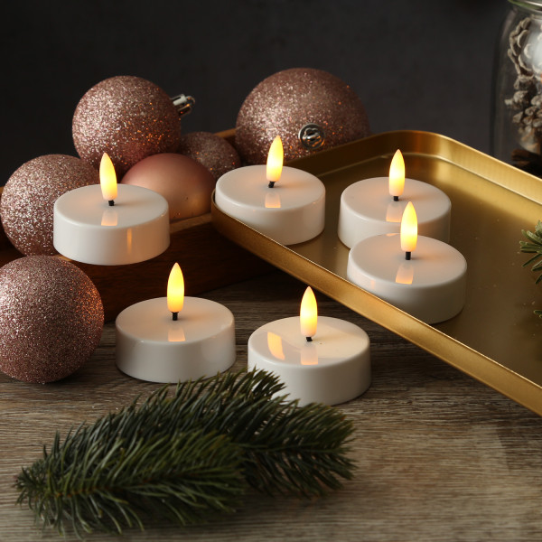 LED Maxi Teelichter - flackernde 3D Flamme - Kunststoff - Timer - D: 5,8cm - weiß - 6er Set