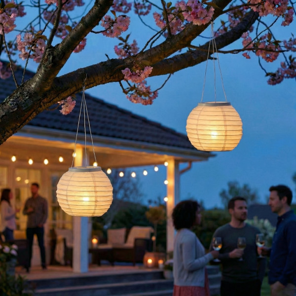 LED Solar Lampions - warmweiße LED - H: 10cm - D: 15cm - Lichtsensor - weiß - 2er Set