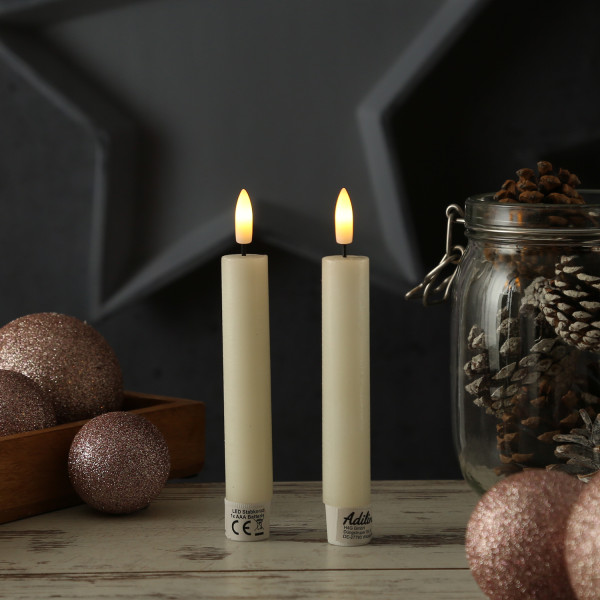 LED Stabkerzen LINA - Rustik-Optik - Echtwachs - 3D Flamme - H: 16cm - Timer - creme - 2er Set