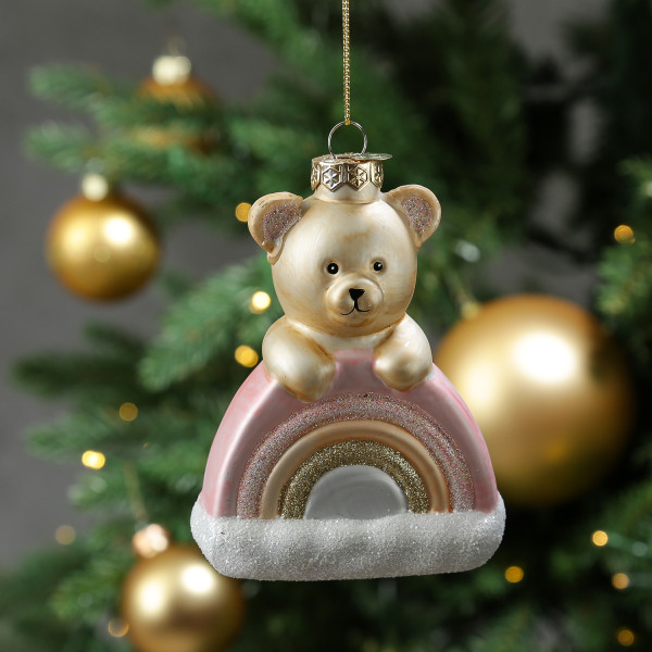 Weihnachtsbaumschmuck Teddybär mit Regenbogen - Christbaumschmuck - Glas -  H: 13,5cm - rosa