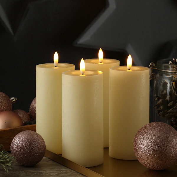 LED Kerzenset LINA - Rustik-Optik - Echtwachs - H: 15cm - D: 7cm - Timer - creme - 4er Set