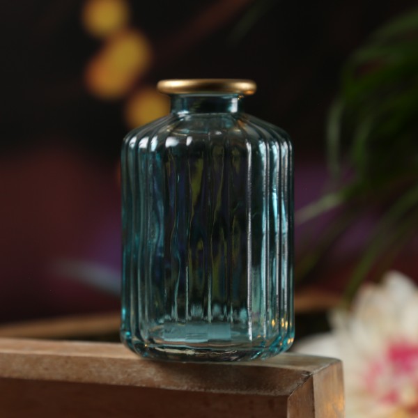 Mini Glasvase mit Rillen - Dekovase - Blumenvase - mit Goldrand - H: 10cm - blau