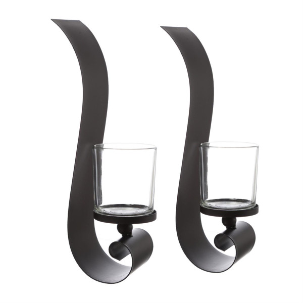 B-Ware Wandkerzenhalter ROLL - mit Glaskerzenhalter - Metall - H: 35cm - schwarz - 2er Set